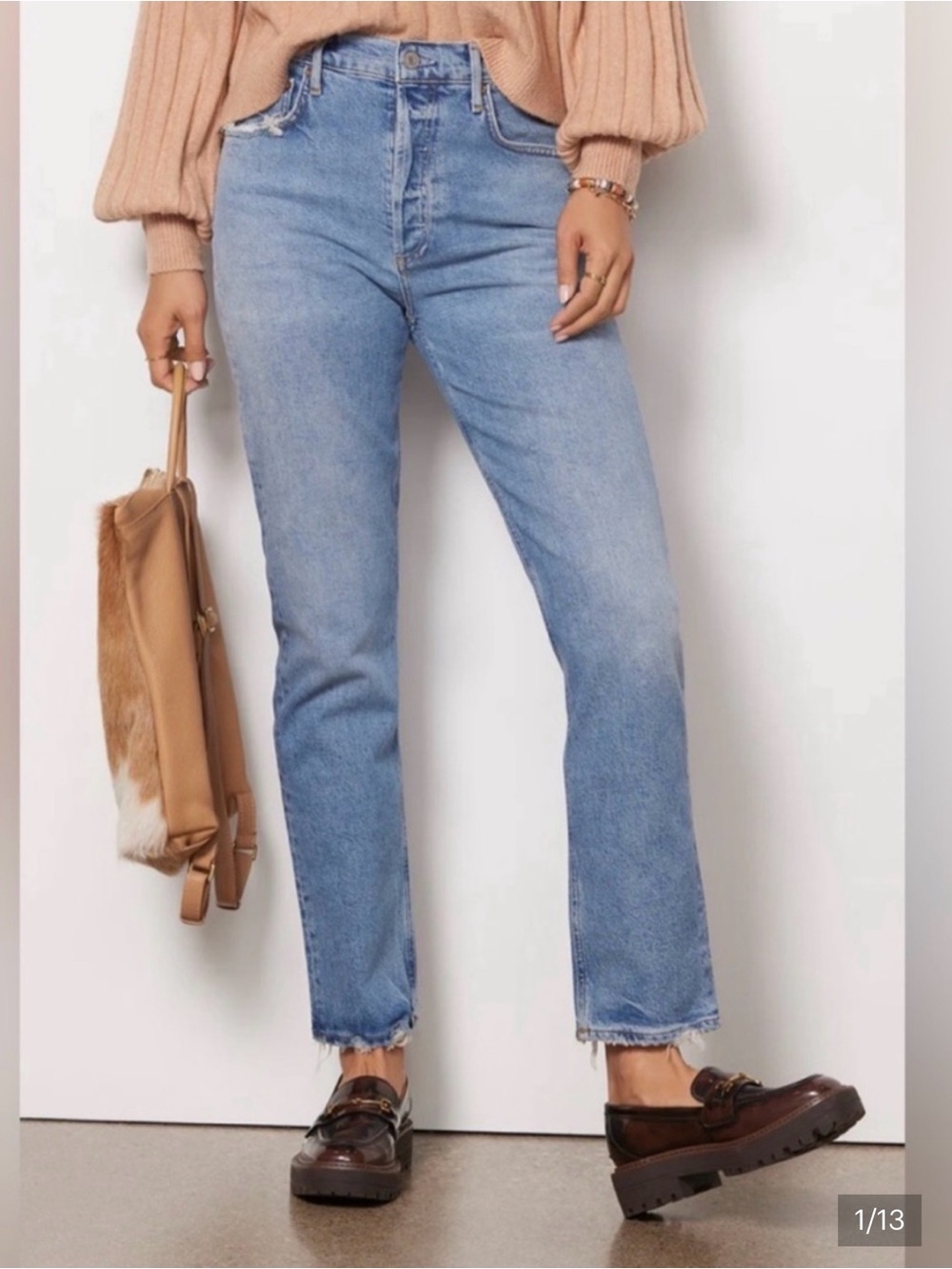 Agolde Medium Blue Straight-Leg Jeans with Distressed Hem, Riley Long
